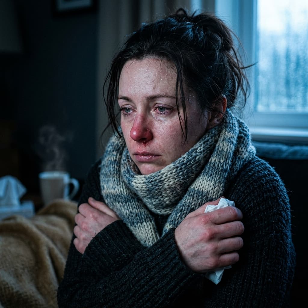 Person med förkylning och röd näsa